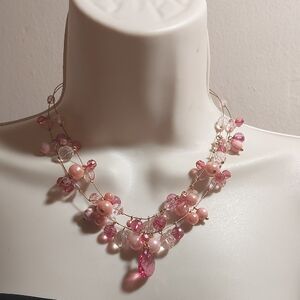 Triple Strand Pink Tones Faux Pearl and Acrylic Cluster Floating Beads Necklace